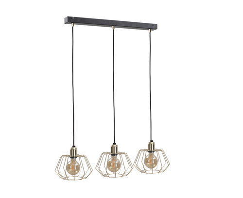 Sprawdź Lampa wisząca 3xE27 LAYA GOLD, czarna belka, złote klosze druciane