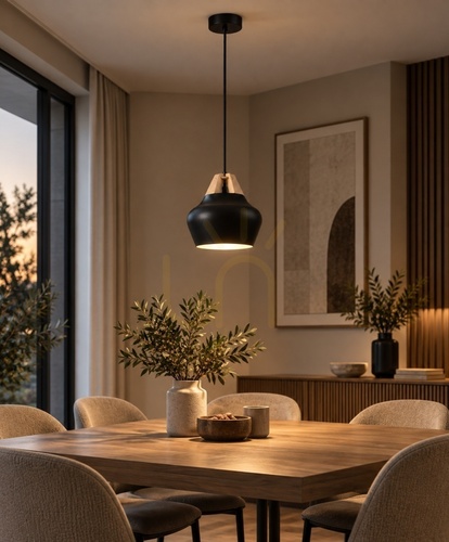 Sprawdź Lampa wisząca Keter Lighting NEGRO WOOD 158, czarna z naturalną sklejką, 1×E27, 28 cm