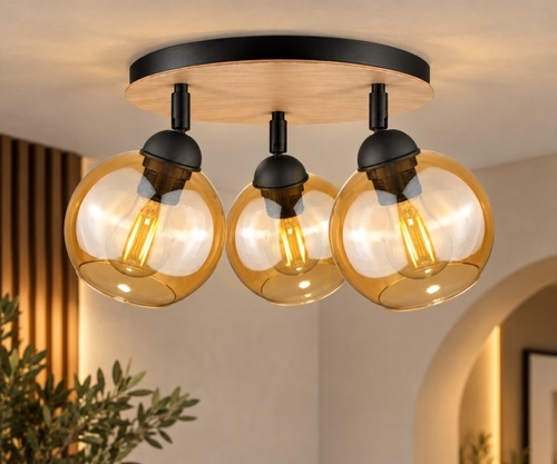 Sprawdź Lampa sufitowa Keter Lighting THEA WOOD 2044, 3×E27, 30 cm, miodowe szkło