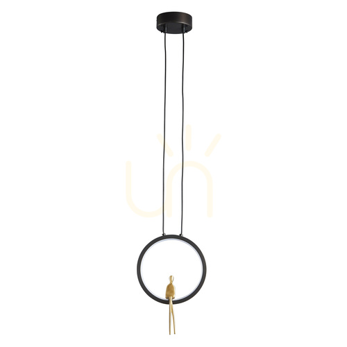 Sprawdź Lampa wisząca AMICI ST-D7774, świecąca obręcz Ø18,5 cm, czarny mosiądz, złota figurka, LED 7 W 3000 K
