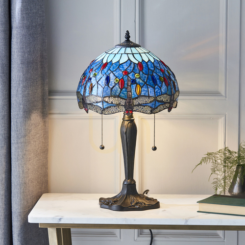Sprawdź Lampa stołowa Tiffany Dragonfly niebieska Interiors 64090