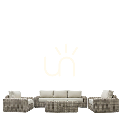 Sprawdź Zestaw wypoczynkowy ogrodowy Gallery Direct Ragusa naturalny rattan 3+1+1 ze stolikiem
