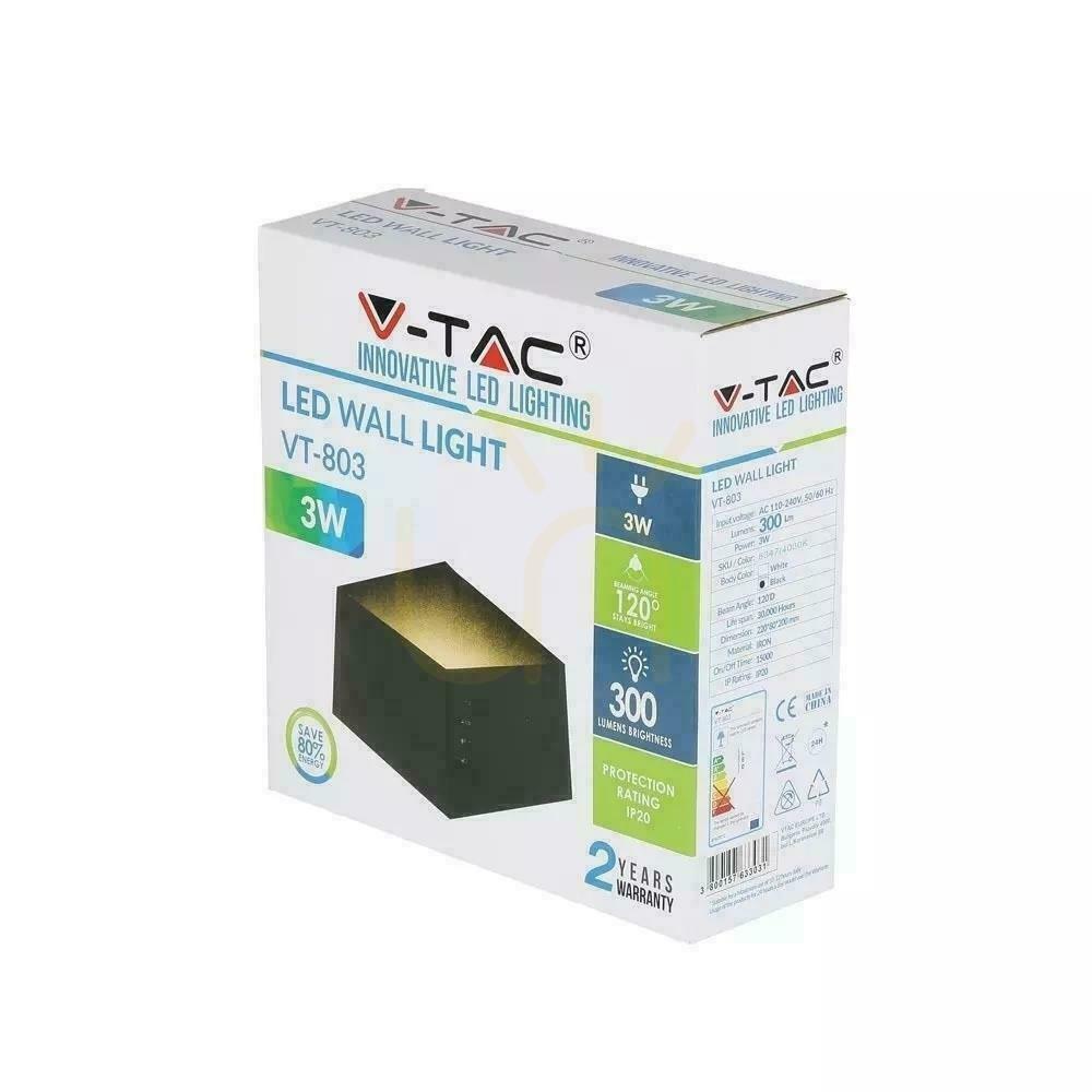 Pokaż Kinkiet Ścienny V-TAC 3W Bridgelux Chip Czarny VT-803 4000K 300lm Kinkiet Ścienny V-TAC 3W Bridgelux Chip Czarny VT-803 4000K 300lm