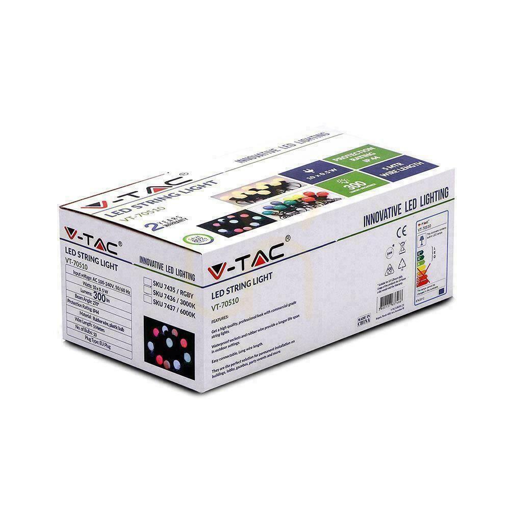 Zobacz Girlanda Ogrodowa V-TAC (sznur) LED 5 metrów 10 żarówek 0,5W VT-70510 RGBY 300lm Girlanda Ogrodowa V-TAC (sznur) LED 5 metrów 10 żarówek 0,5W VT-70510 RGBY 300lm