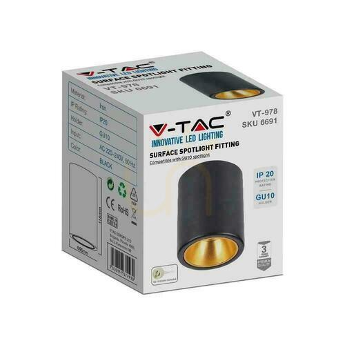 Sprawdź Oprawa V-TAC GU10 Okrągła Natynkowa Tuba Czarna+Złoty 98x118mm VT-978RD 3 Lata Gwarancji