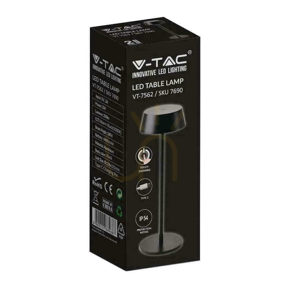 Obejrzyj Lampka Biurkowa Nocna V-TAC 2W LED Ładowanie Ściemnianie IP54 Czarna VT-7562 3000K 200lm Lampka Biurkowa Nocna V-TAC 2W LED Ładowanie Ściemnianie IP54 Czarna VT-7562 3000K 200lm