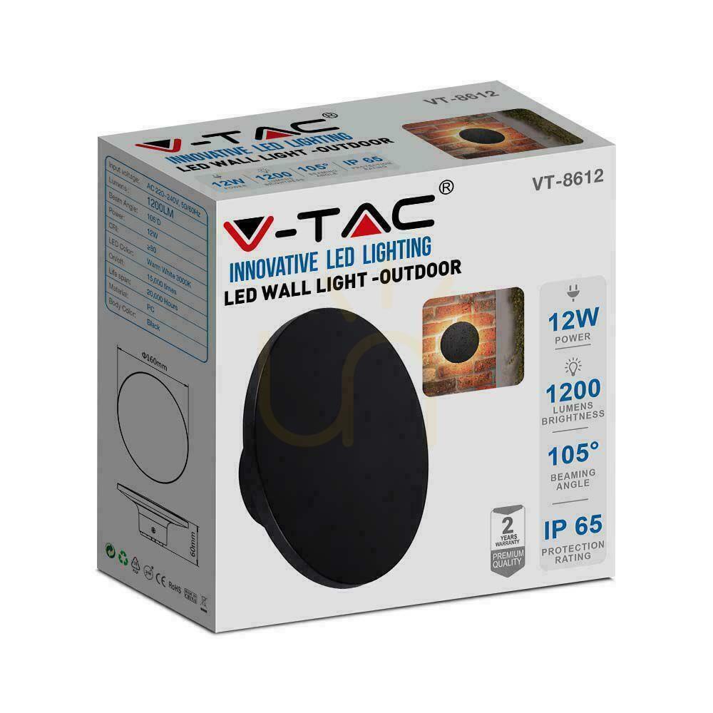 Pokaż Oprawa Ścienna Kinkiet 12W V-TAC Czarny Okrągły IP65 VT-8612B-RD 3000K 1200lm Oprawa Ścienna Kinkiet 12W V-TAC Czarny Okrągły IP65 VT-8612B-RD 3000K 1200lm