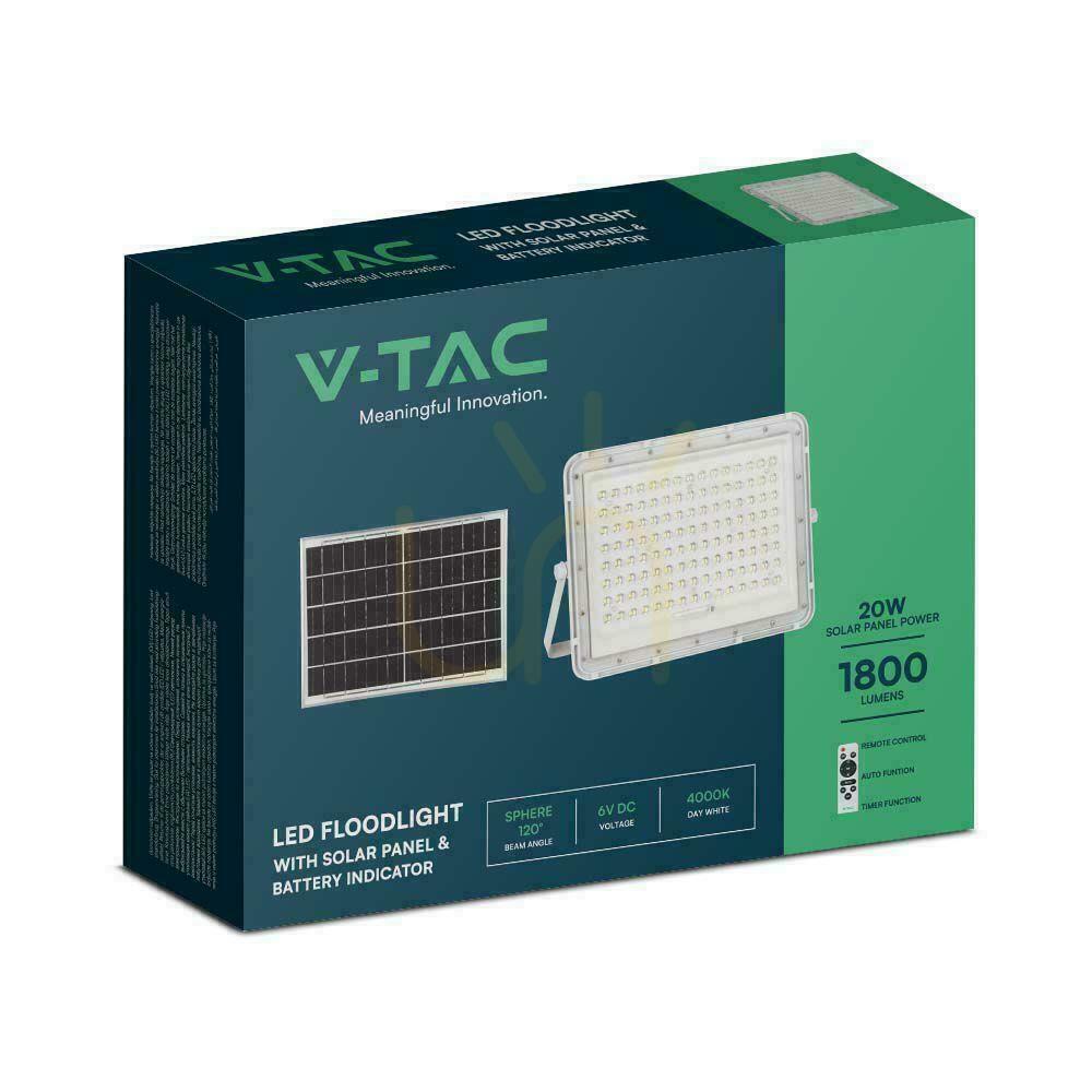 Wyświetl Projektor LED Solarny V-TAC 20W Pilot, AUTO, Timer, IP65 Biały VT-180W-W 6400K 1800lm Projektor LED Solarny V-TAC 20W Pilot, AUTO, Timer, IP65 Biały VT-180W-W 6400K 1800lm