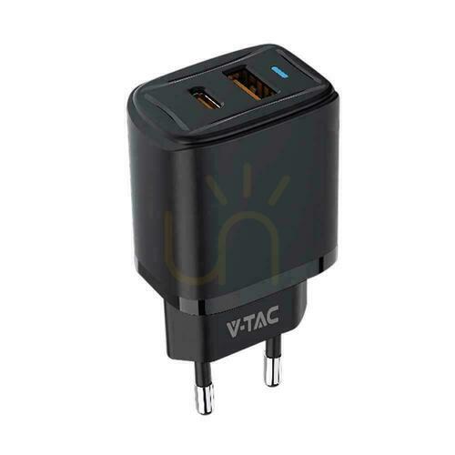 Sprawdź Ładowarka USB V-TAC SZYBKA 20W Czarna MINI Dual USB Type-A Type-C VT-3530