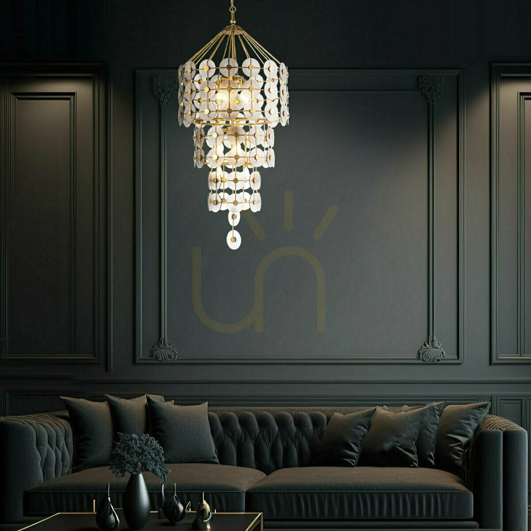 Zobacz Lampa wisząca MERIDIAN - 9 źródeł światła - Przecierane złoto QUINTIESSE Lampa wisząca MERIDIAN - 9 źródeł światła - Przecierane złoto QUINTIESSE
