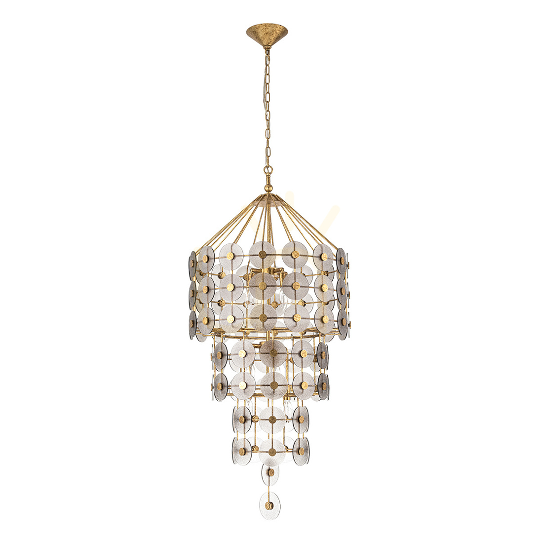 Obejrzyj Lampa wisząca MERIDIAN - 9 źródeł światła - Przecierane złoto QUINTIESSE Lampa wisząca MERIDIAN - 9 źródeł światła - Przecierane złoto QUINTIESSE