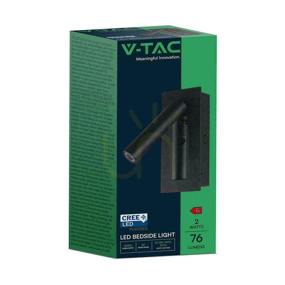 Pokaż Oprawa LED V-TAC 2W COB CREE kinkiet czarny hotel łóżko włącznik VT-88061-B 3000K 76lm Oprawa LED V-TAC 2W COB CREE kinkiet czarny hotel łóżko włącznik VT-88061-B 3000K 76lm