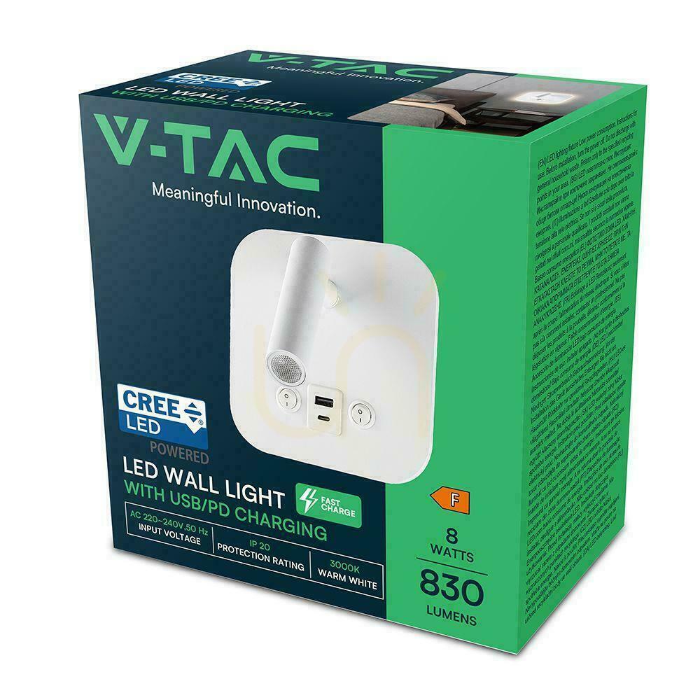Sprawdź Oprawa LED V-TAC 8W COB CREE kinkiet biały hotel łóżko USB+USB C włącznik VT-80068-W 3000K 830lm 2 Lata gwarancji Oprawa LED V-TAC 8W COB CREE kinkiet biały hotel łóżko USB+USB C włącznik VT-80068-W 3000K 830lm 2 Lata gwarancji