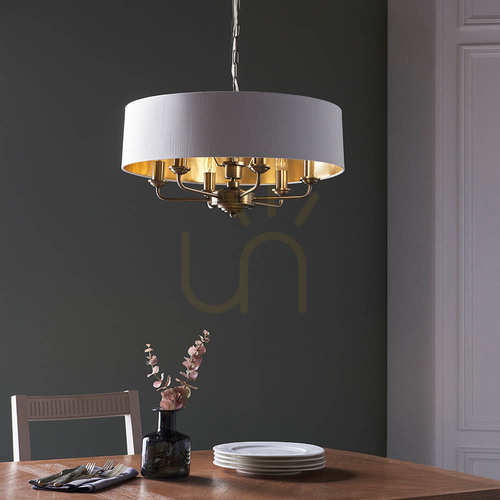 Sprawdź Lampa wisząca Endon Highclere 98933 6xE14 mosiądz antyczny abażury vintage white Ø55 cm 35-174 cm