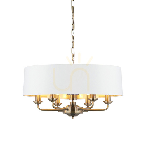 Sprawdź Lampa wisząca Endon Highclere 98933 6xE14 mosiądz antyczny abażury vintage white Ø55 cm 35-174 cm