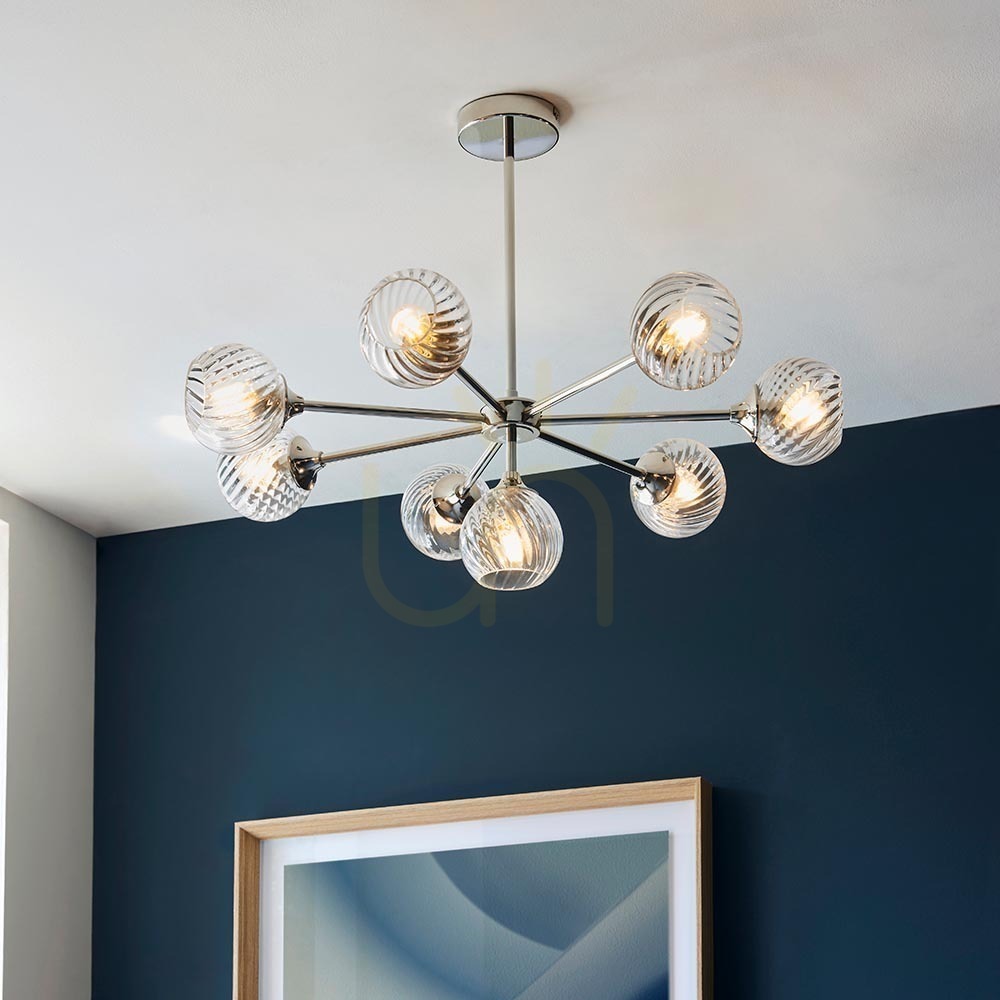 Wyświetl Lampa wisząca Endon Allegra srebrna 8xE14 stal szkło 77 cm Lampa wisząca Endon Allegra srebrna 8xE14 stal szkło 77 cm