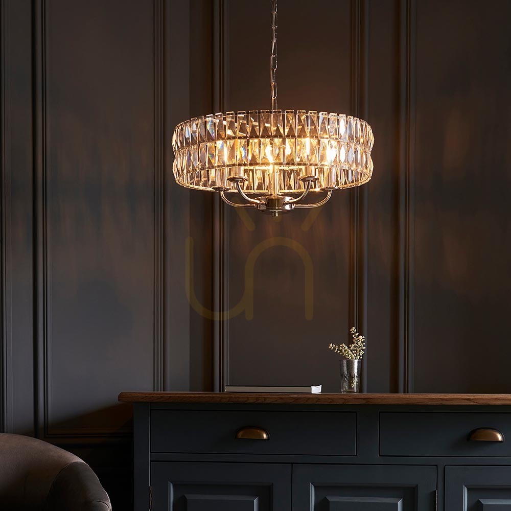 Pokaż Lampa wisząca Endon Clifton srebrna 5xE14 szkło stal dimmable Lampa wisząca Endon Clifton srebrna 5xE14 szkło stal dimmable