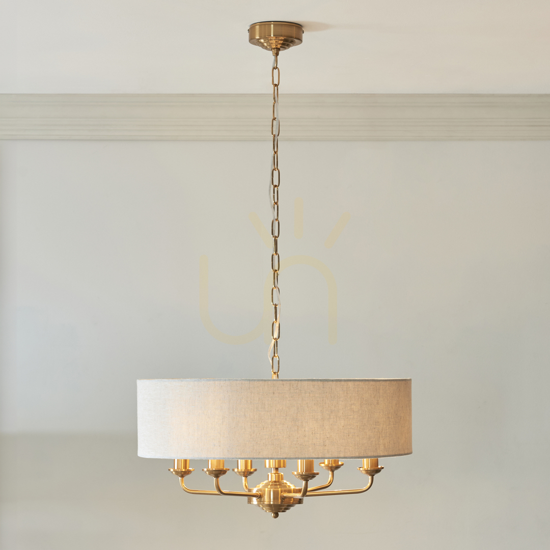 Obejrzyj Lampa wisząca Endon Highclere mosiądz 6xE14 naturalna tkanina 55 cm Lampa wisząca Endon Highclere mosiądz 6xE14 naturalna tkanina 55 cm