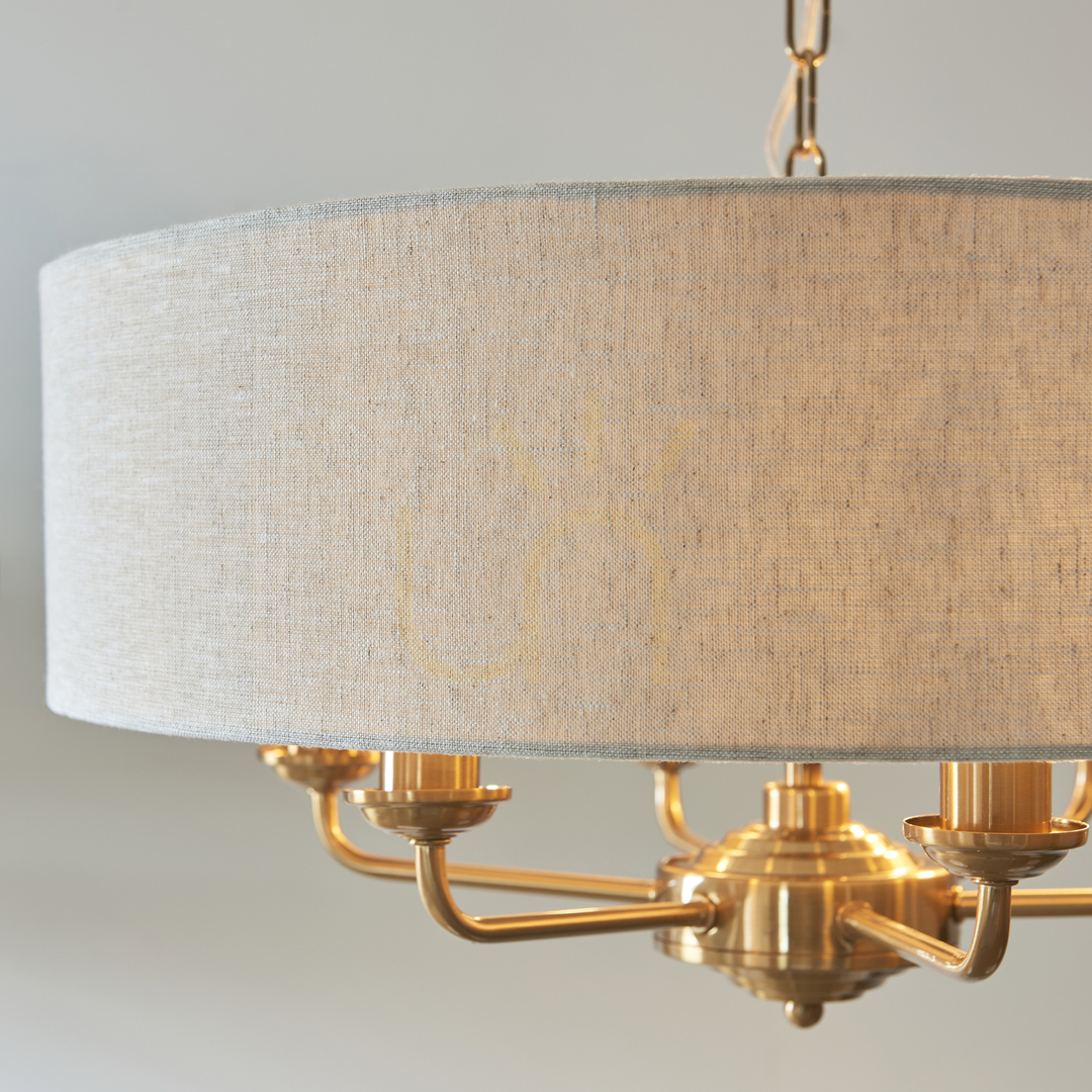 Wyświetl Lampa wisząca Endon Highclere mosiądz 6xE14 naturalna tkanina 55 cm Lampa wisząca Endon Highclere mosiądz 6xE14 naturalna tkanina 55 cm