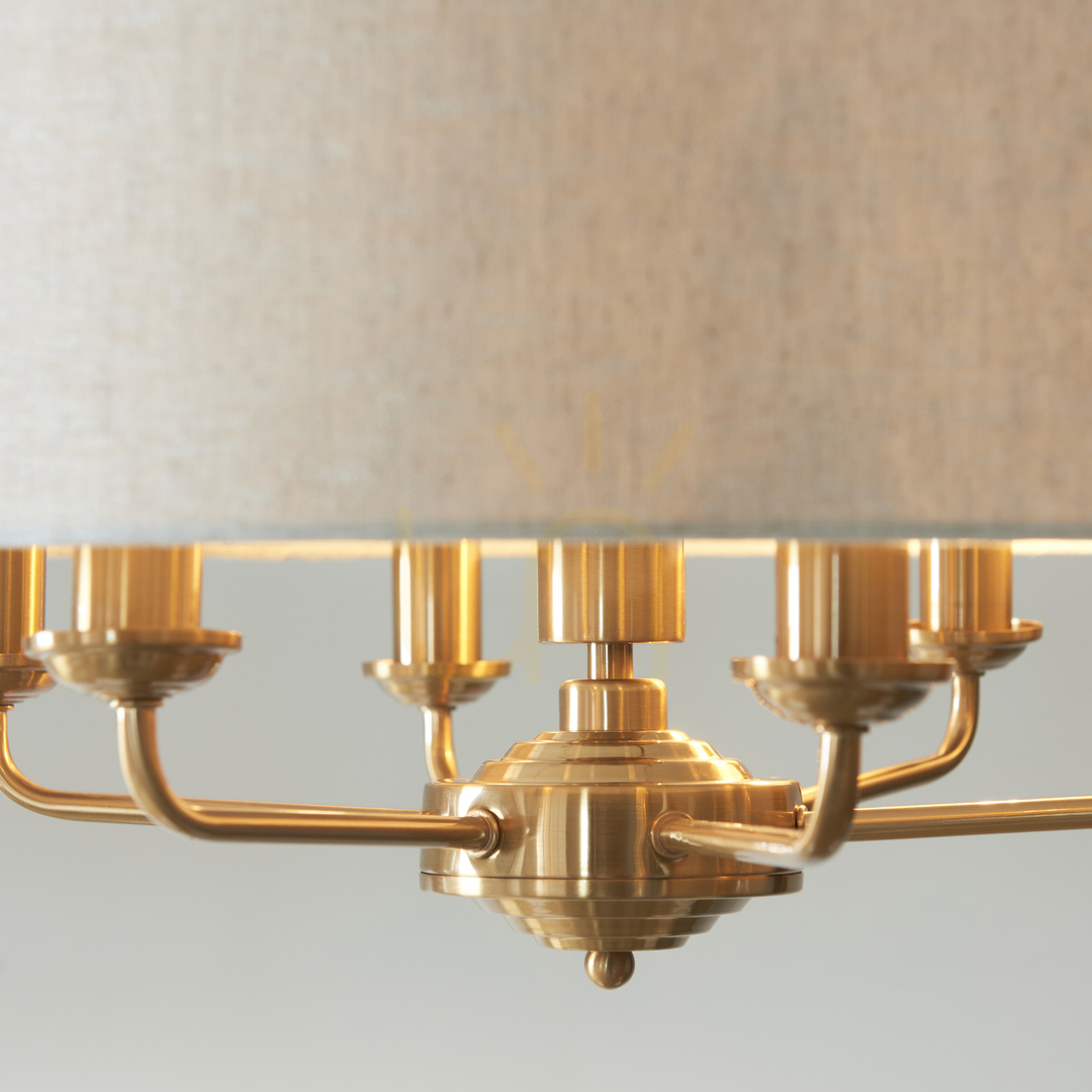 Pokaż Lampa wisząca Endon Highclere mosiądz 6xE14 naturalna tkanina 55 cm Lampa wisząca Endon Highclere mosiądz 6xE14 naturalna tkanina 55 cm