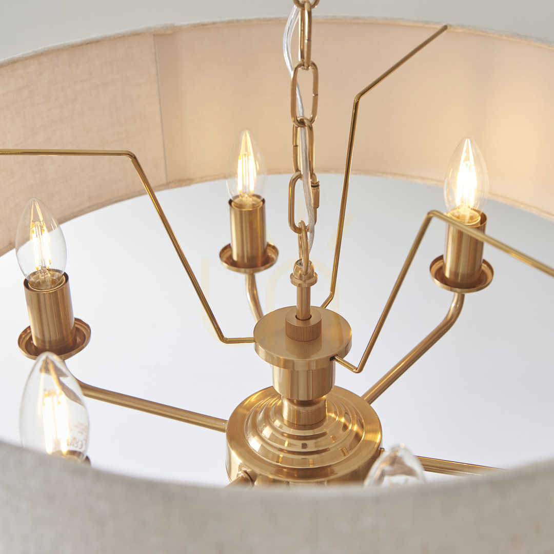 Sprawdź Lampa wisząca Endon Highclere mosiądz 6xE14 naturalna tkanina 55 cm Lampa wisząca Endon Highclere mosiądz 6xE14 naturalna tkanina 55 cm