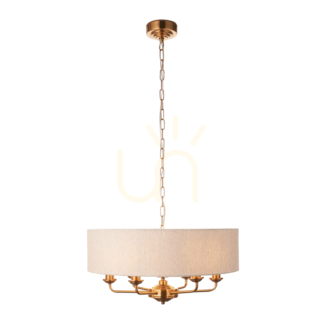 Obejrzyj Lampa wisząca Endon Highclere mosiądz 6xE14 naturalna tkanina 55 cm Lampa wisząca Endon Highclere mosiądz 6xE14 naturalna tkanina 55 cm