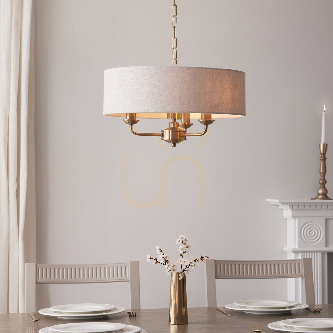 Zobacz Lampa wisząca Endon Highclere mosiądz 3xE14 naturalna tkanina Lampa wisząca Endon Highclere mosiądz 3xE14 naturalna tkanina