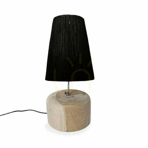 Sprawdź Lampa stołowa z drewna tekowego i rafii czarna, handmade, 55 cm