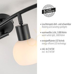 Lampa sufitowa LOKI listwa falista 4xE14 LED w zestawie 3000K czarna białe klosze 12154-18 Just Light small 4