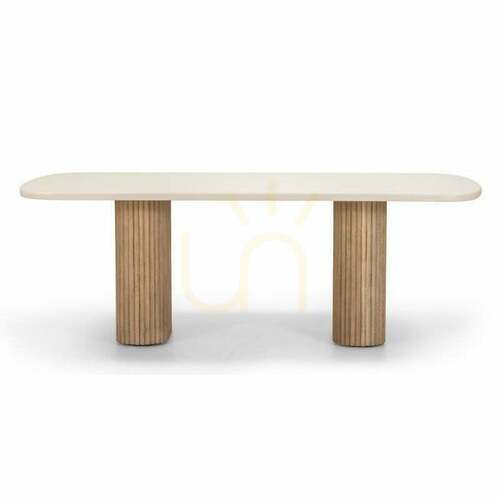 Sprawdź Stół ogrodowy OVIGO 220 cm z kamiennym blatem, jasne drewno akacjowe/jasnobeżowy, zaokrąglone kształty, listwy Nova Nook