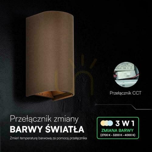 Sprawdź Oprawa ścienna V-TAC 10W LED COB brąz corten IP65 CCT zmiana barwy VT-120113 2700K-3200K-4000K 1250lm