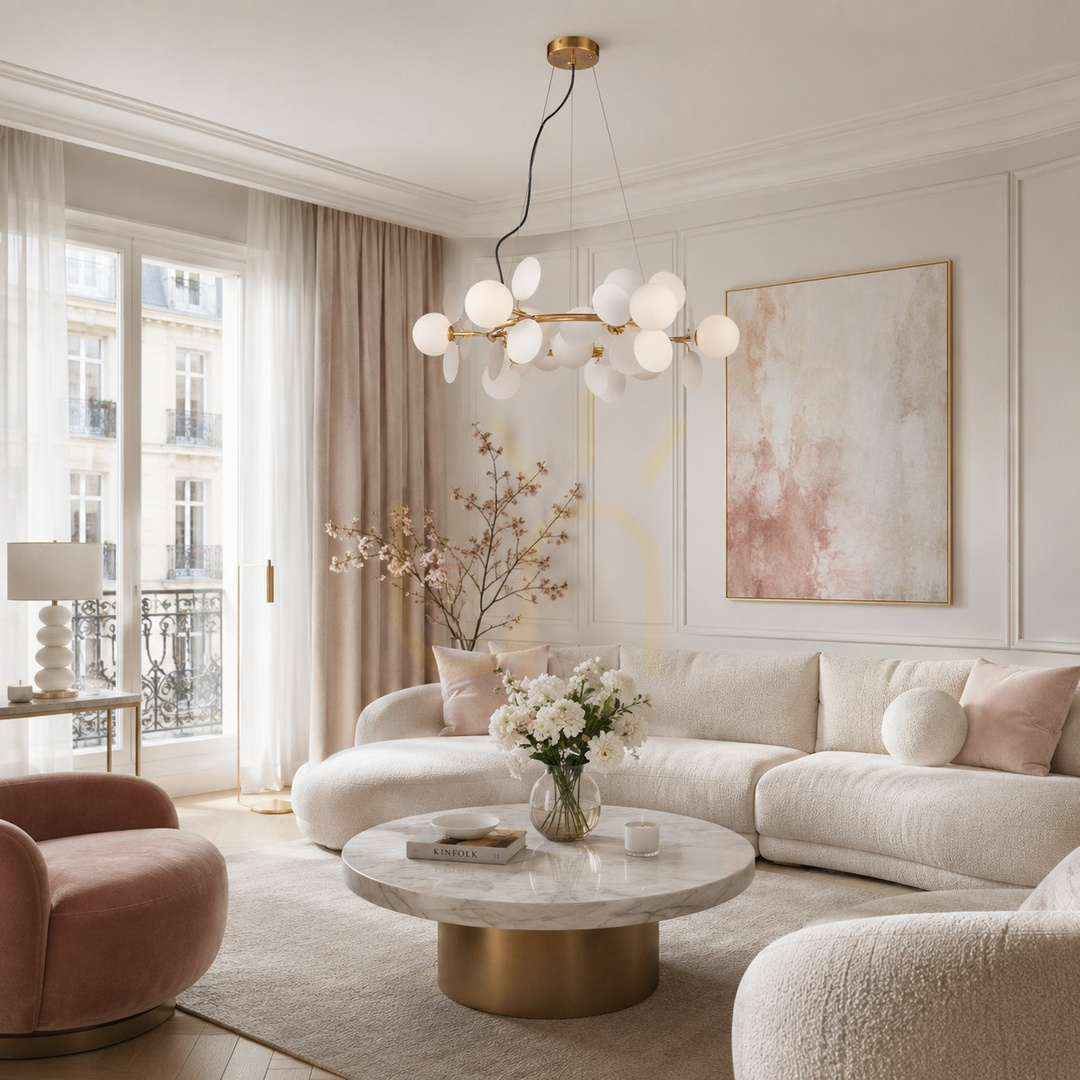 Zobacz Lampa wisząca CHIC biało złota 105 cm - nowoczesna lampa do salonu Lampa wisząca CHIC biało złota 105 cm - nowoczesna lampa do salonu
