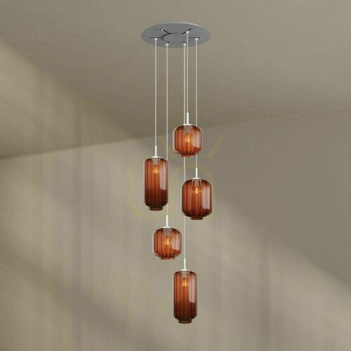 Sprawdź Lampa wisząca s.luce Velo 5-punktowa, brązowe szkło, białe zawieszenie, podsufitka Ø 60 cm, E27