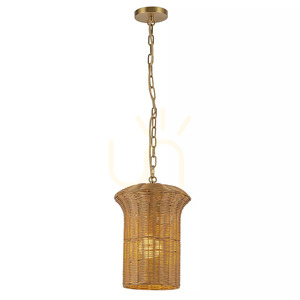 Mała lampa wisząca Kai - 1 źródło światła - Szczotkowane złoto, rattan Elstead small 1