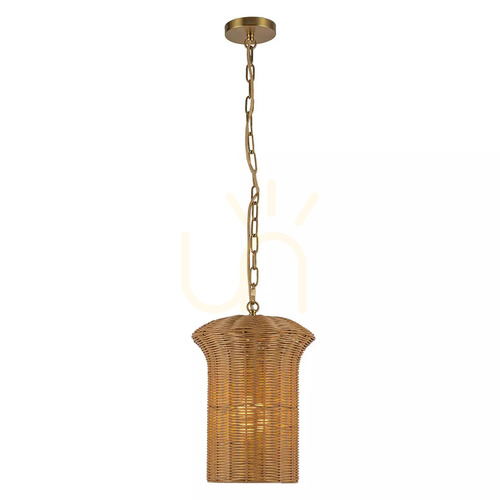 Sprawdź Mała lampa wisząca Kai - 1 źródło światła - Szczotkowane złoto, rattan Elstead