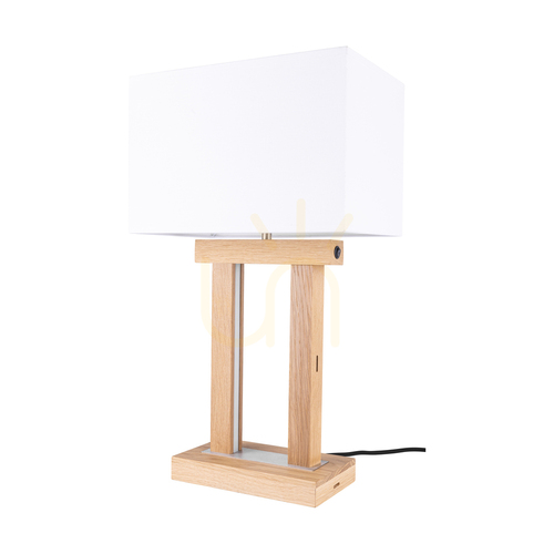 Sprawdź Lampa Stołowa Hakon Dąb olejowany/Nikiel mat Abażur Biały 1xE27 + 2xLED 40 W 35 cm