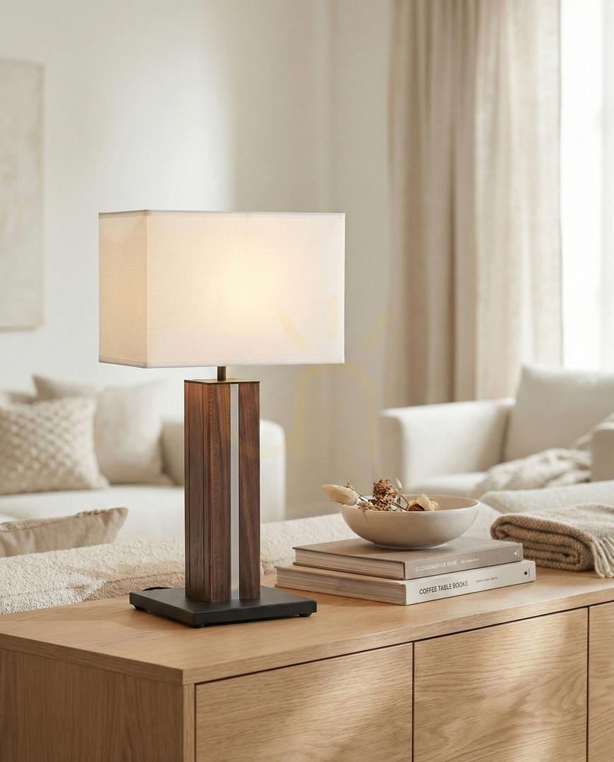 Zobacz Lampa Stołowa Flamo Orzech/Czarny Abażur Biały 1xE27 + 1xLED 4.6 W 30 cm Lampa Stołowa Flamo Orzech/Czarny Abażur Biały 1xE27 + 1xLED 4.6 W 30 cm