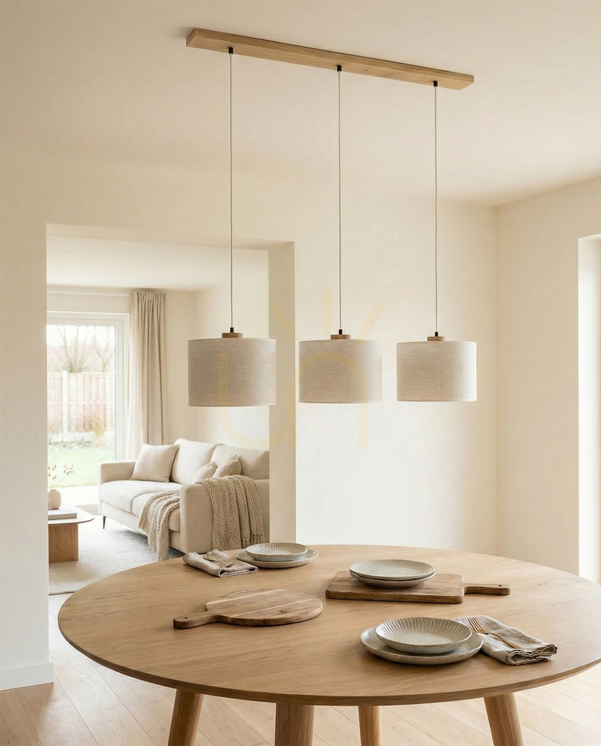 Zobacz Lampa Wisząca Dreva Dąb olejowany Abażur Beżowy 3xE27 100 cm Lampa Wisząca Dreva Dąb olejowany Abażur Beżowy 3xE27 100 cm