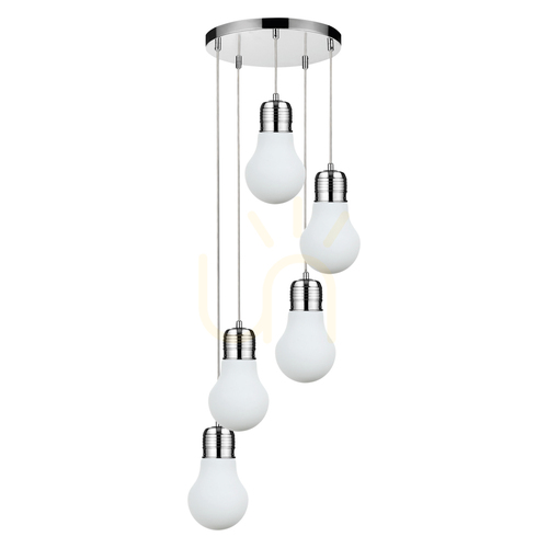 Sprawdź Lampa Wisząca Bulb 5xE27 Max.60W Chrom Metal/Transparentny Kabel PVC/Biały Szklany Klosz Ø45 cm