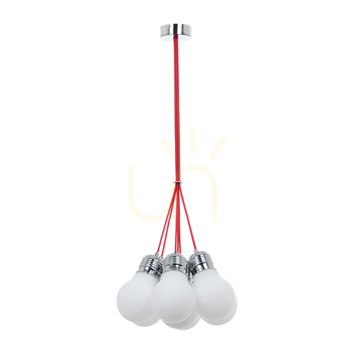 Sprawdź Lampa Wisząca Bulb 7xE27 Max.60W Chrom Metal/Czerwony Kabel w Oplocie/Biały Szklany Klosz Ø45 cm