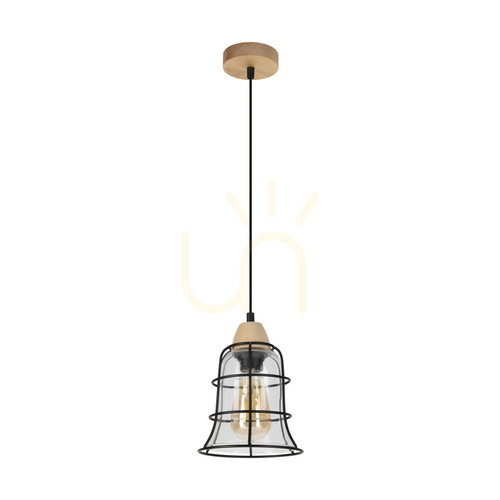 Sprawdź Lampa Wisząca Chicka 1xE27 Max.60W Brzoza/Czarny Metal/Czarny Kabel PVC/Transparentny Szklany Klosz Ø16.5 cm