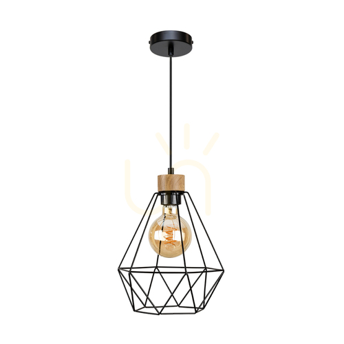 Sprawdź Lampa Wisząca Diament 1xE27 Max.60W Dąb Olejowany/Czarny Metal/Czarny Kabel PVC/Czarny Metalowy Klosz Ø25 cm