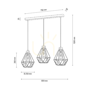 Lampa Wisząca Diament 3xE27 Max.60W Dąb Olejowany/Czarny Metal/Czarny Kabel PVC/Czarny Metalowy Klosz 80 cm small 3