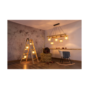 Lampa Podłogowa Eskalo 4xE27 Max.15W LED Sosna Bejcowana Brązowa/Czarny Kabel PVC/Beżowy Lniany Abażur z czarną lamówką 82 cm small 3
