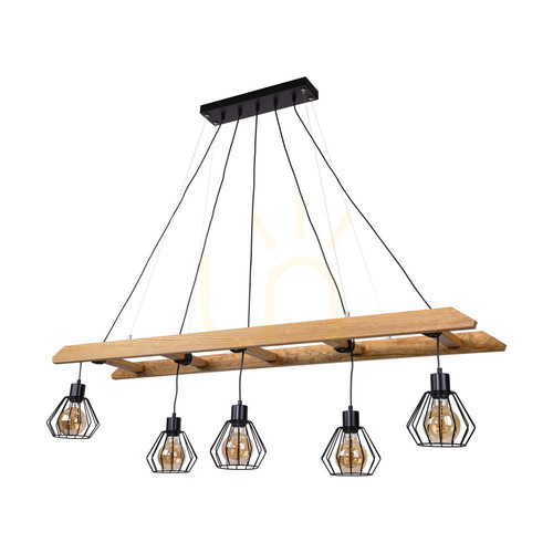 Sprawdź Lampa Wisząca Eskalo 5xE27 Max.60W Sosna Bejcowana Brązowa/Czarny Metal/Czarny Kabel PVC/Czarny Metalowy Klosz 154 cm
