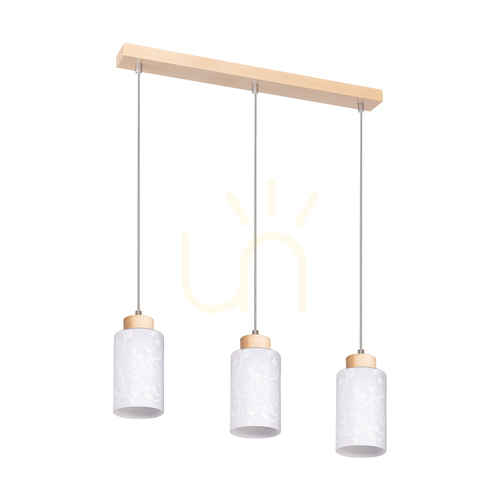 Sprawdź Lampa Wisząca Flores 3xE27 Max.60W Brzoza/Transparentny Kabel PVC/Biały Szklany Klosz z Kwiatowym Wzorem 54 cm