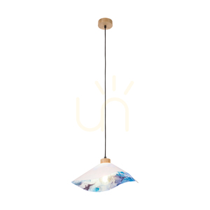 Lampa Wisząca Hattu Floral 1xE27 Max.40W Dąb Olejowany/Czarny Kabel w Oplocie/Biało-Wielokolorowy Abażur Ø40 cm small 1