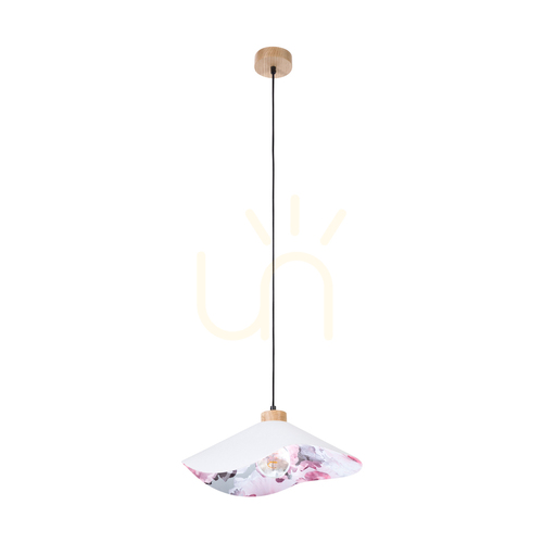 Sprawdź Lampa Wisząca Hattu Floral 1xE27 Max.40W Dąb Olejowany/Czarny Kabel w Oplocie/Szaro-Wielokolorowy Abażur Ø40 cm