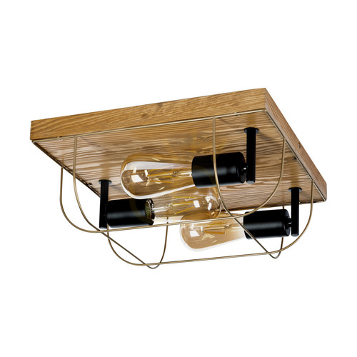 Sprawdź Lampa Sufitowa Netuno 3xE27 Max.15W LED Sosna Bejcowana Brązowa/Czarny Metal/Złoty Metalowy Klosz 34 cm