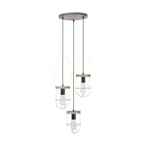 Sprawdź Lampa Wisząca Netuno 3xE27 Max.60W Sosna Bejcowana Szara/Czarny Metal/Czarny Kabel PVC/Srebrny Metalowy Klosz Ø50 cm